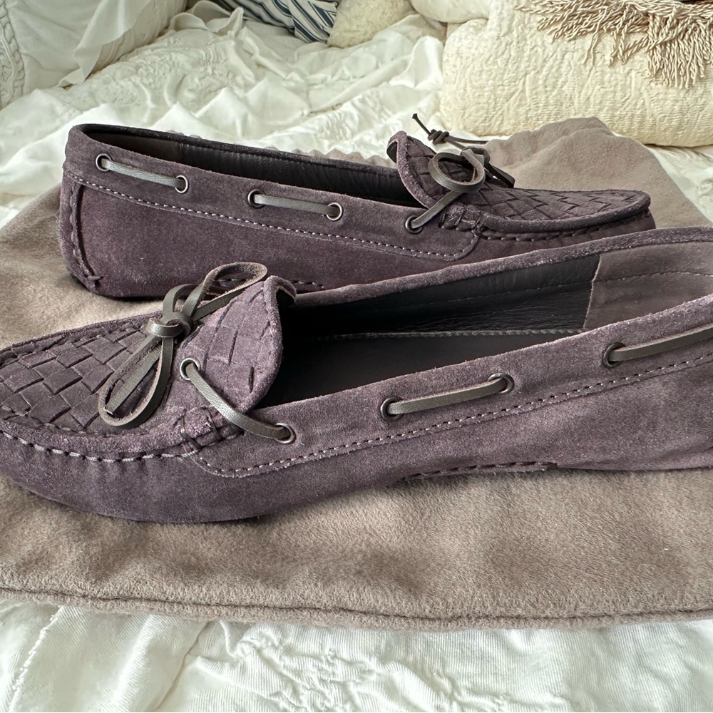 Bottega Veneta Purple Intrecciato Suede Driving Loafers
Size 37